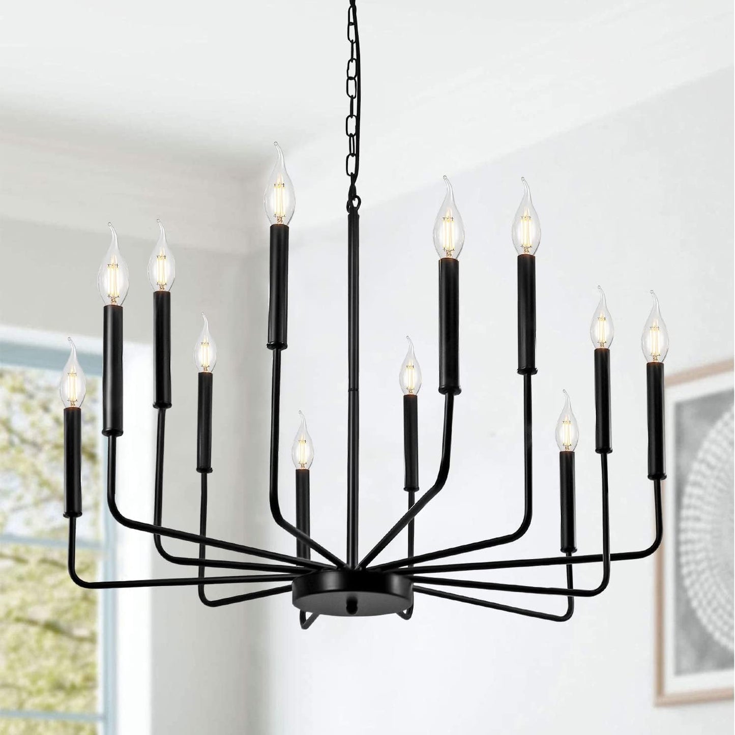 Rviezza Black Chandelier, 12-Light Farmhouse Chandeliers for Dining Room, Classic Candle Ceiling Pendant Light Fixture for Living Room, Foyer,