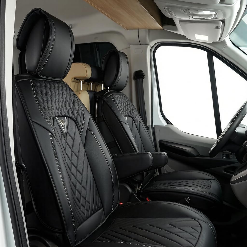 Ford Transit-250 Seat Covers 2015-2025,Premium Nappa Leather Breathable Waterproof Sports Seat Cover,Easy to Install Automotive Seat Covers Standard 2 Seats（Black） BLACK Standard 2 Seats
