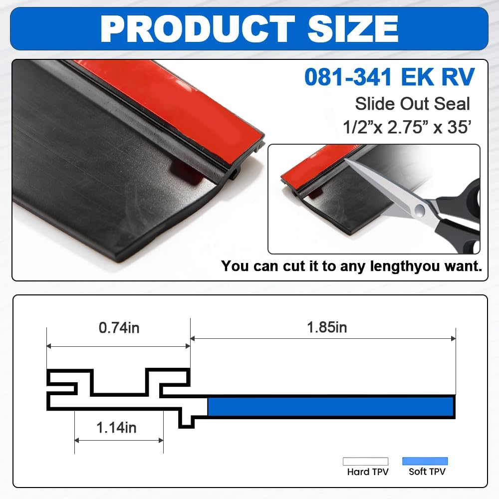Combo RV Slide Out Seal Black Rubber 018-312-EKD & 018-341 EK, 1' x 15/16' x 35' Wiper & 1/2' x 2.75' x 35’ Seal Base