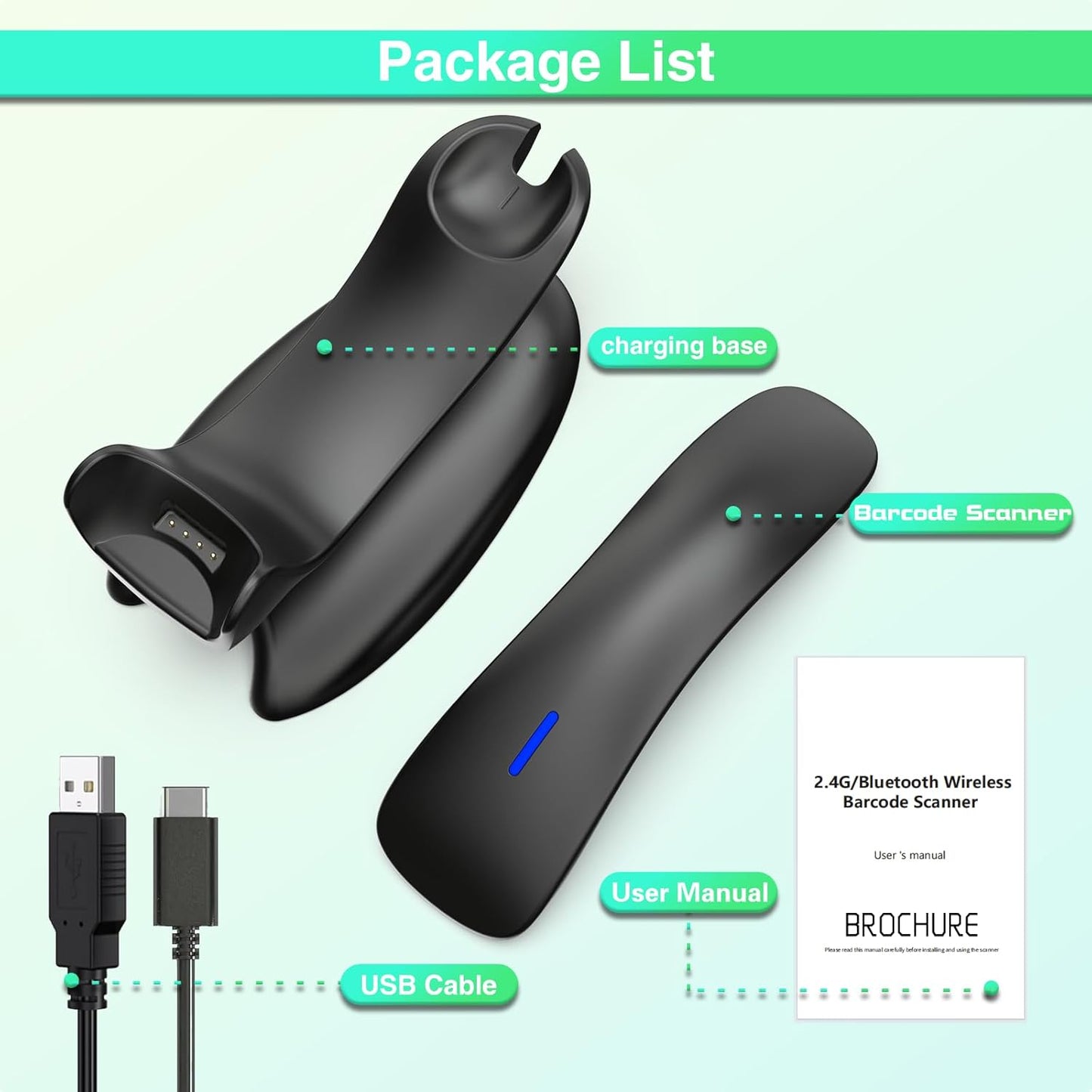 Upgraded 2D Bluetooth Barcode Scanner with Wireless Charging Stand, 1968 Feet Transmission Distance 433Mhz Wireless & Bluetooth 2in1 Barcode Reader with Hands-Free Stand