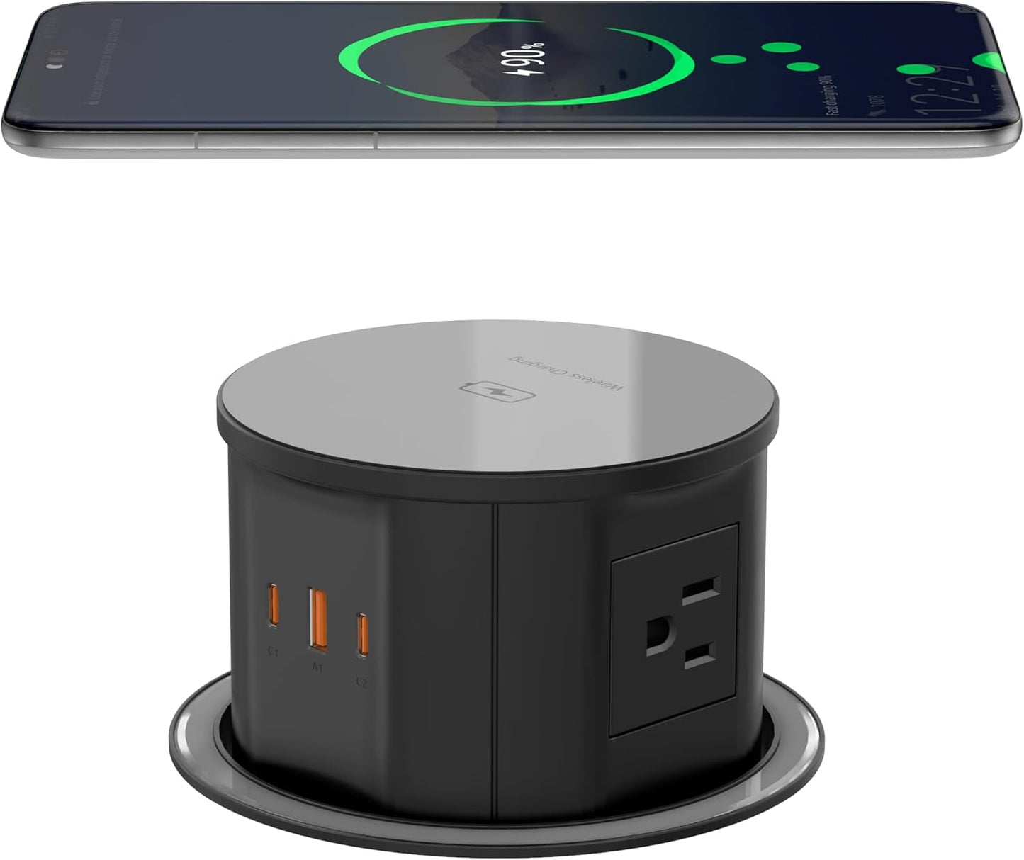 Pop Up Countertop Outlet with 15W Wireless Charger, 4 AC Outlets & PD 20W USB-C Fast Charging Station, 4.75 inch Desk Power Grommet Outlet Connect 6FT