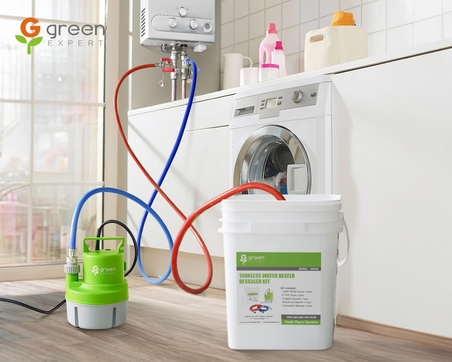 Tankless Water Heater Flushing Kit, 6-in-1 Descaling Kit with 1/3HP Utility Pump, 3-Gallon Bucket w/Lid Opener, 2×6ft 3/4" GHT Red&Blue PVC Hoses, Wrench & Adapter, for Isolation Valves