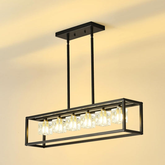 Crystal Kitchen Island Lighting, 6-Light G9 Modern Industrial Crystal Chandelier Dining Room Light Fixture, Black Rectangular Cage Hanging Pendant