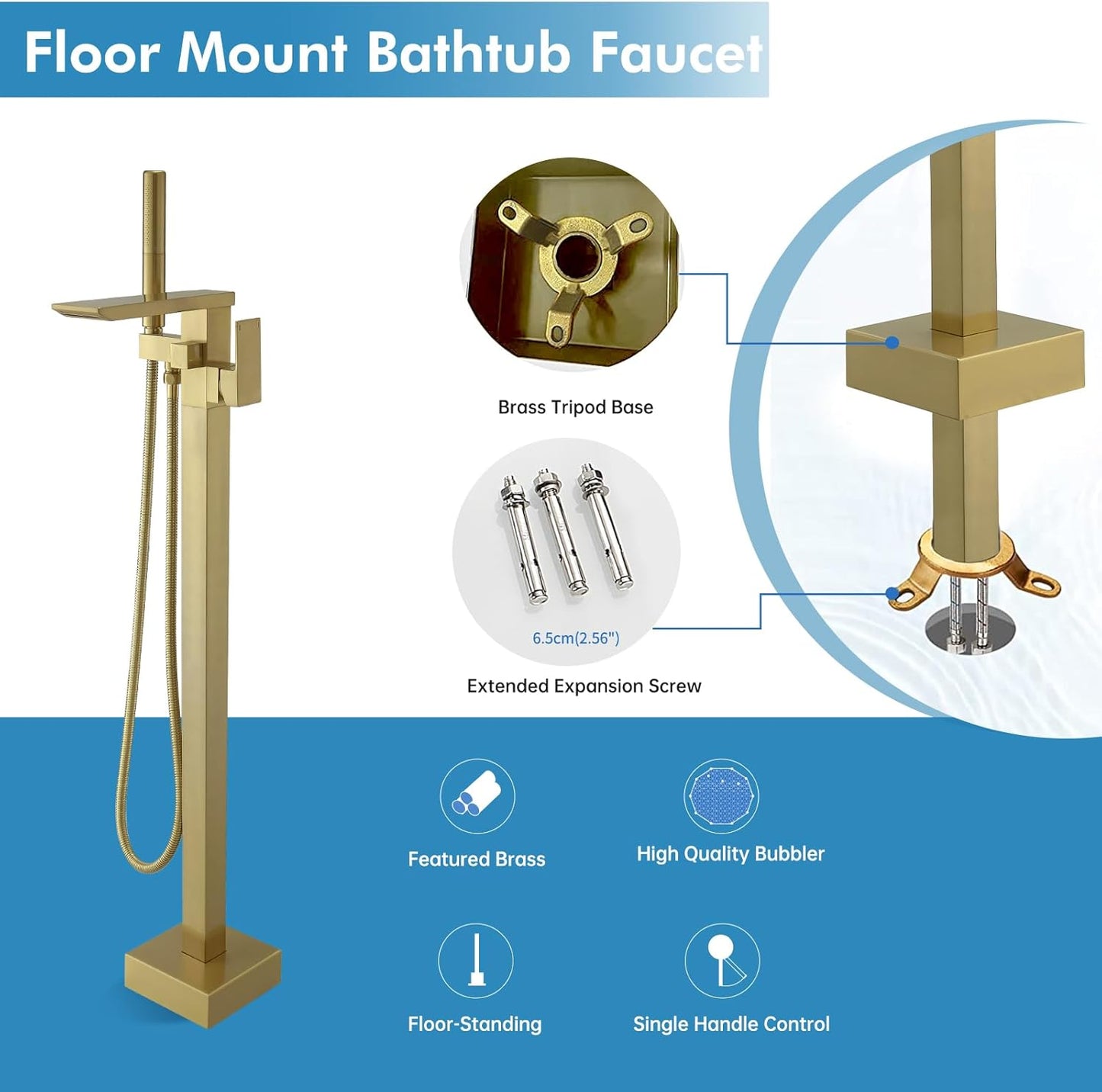 Brushed Gold Bathtub Filler Freestanding Tub Filler Floor Mount Tub Faucet Waterfall Bathtub Faucet with CUPC Certified