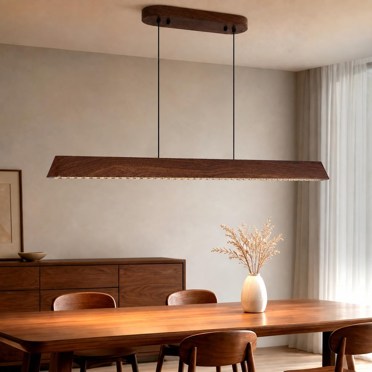 Dining Table Linear Island Light: Remote Control Iron Kitchen Chandeliers Iron with Walnut Wood-Look Finish