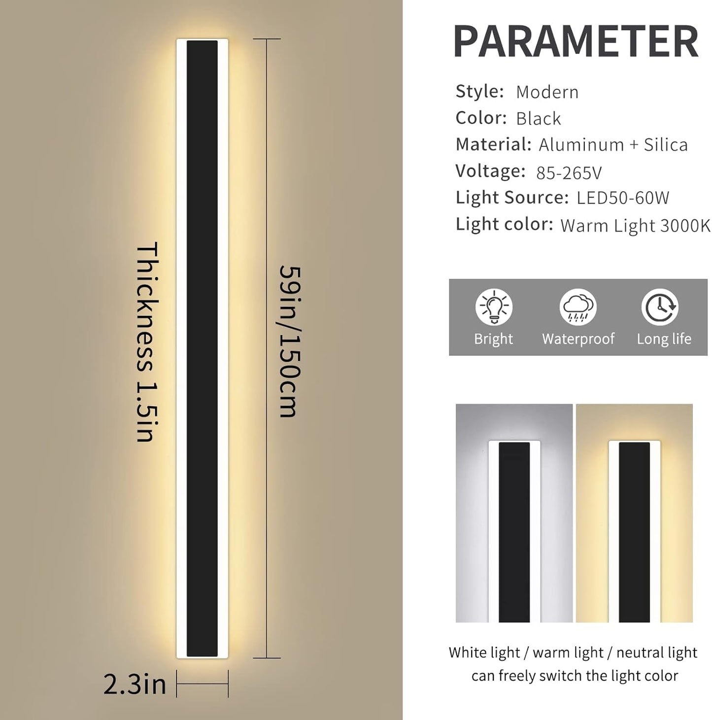 Outdoor Patio Wall Lights, 60W Modern Long Wall Light Dimmable Black Outdoor Wall Lights Frosted Acrylic Wall Lamp IP65 Waterproof Wall Lights for