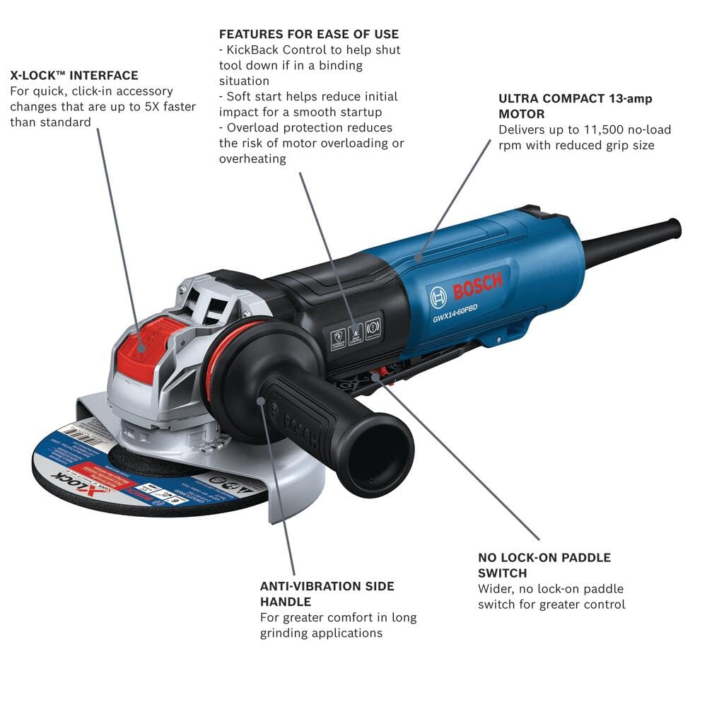 WX14-60PBD 6 In. X-LOCK Angle Grinder - 13-Amp Motor, 9,700 rpm, Lightweight Design, Paddle Switch, Brake System, Anti-Vibration Handle, KickBack