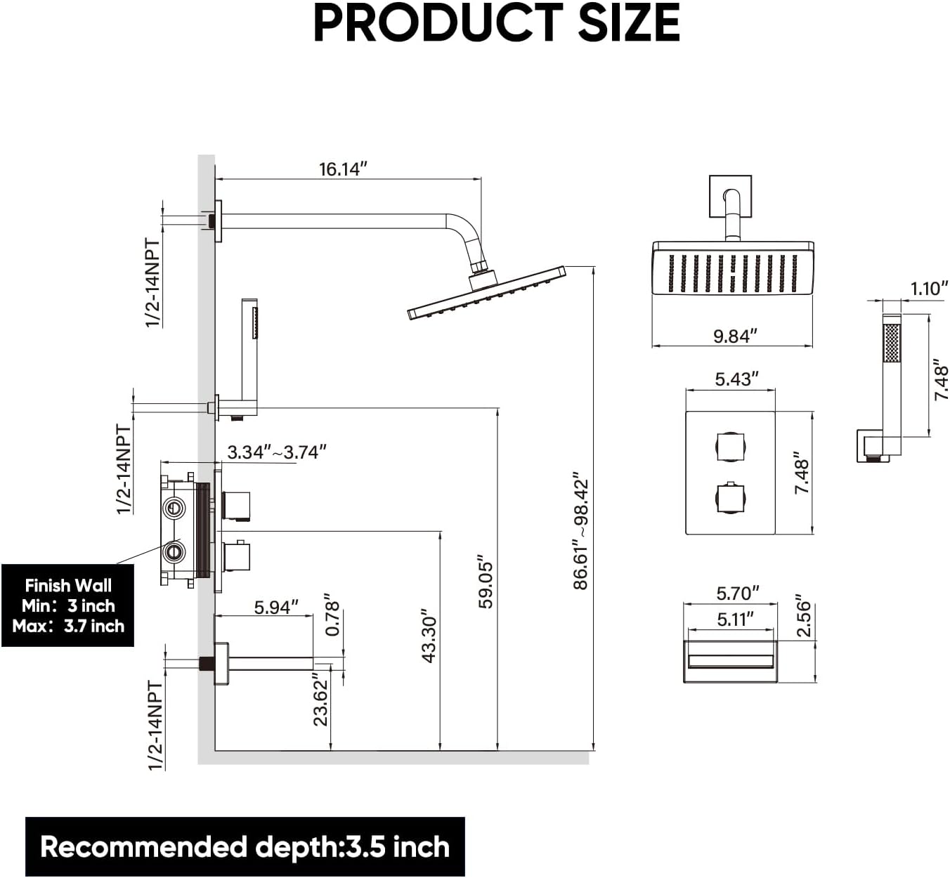 Esnbia Thermostatic Bathtub Shower Faucet Set, All Metal Tub Shower System with 3 Way Shower Valve, 10 Inches Rain Shower