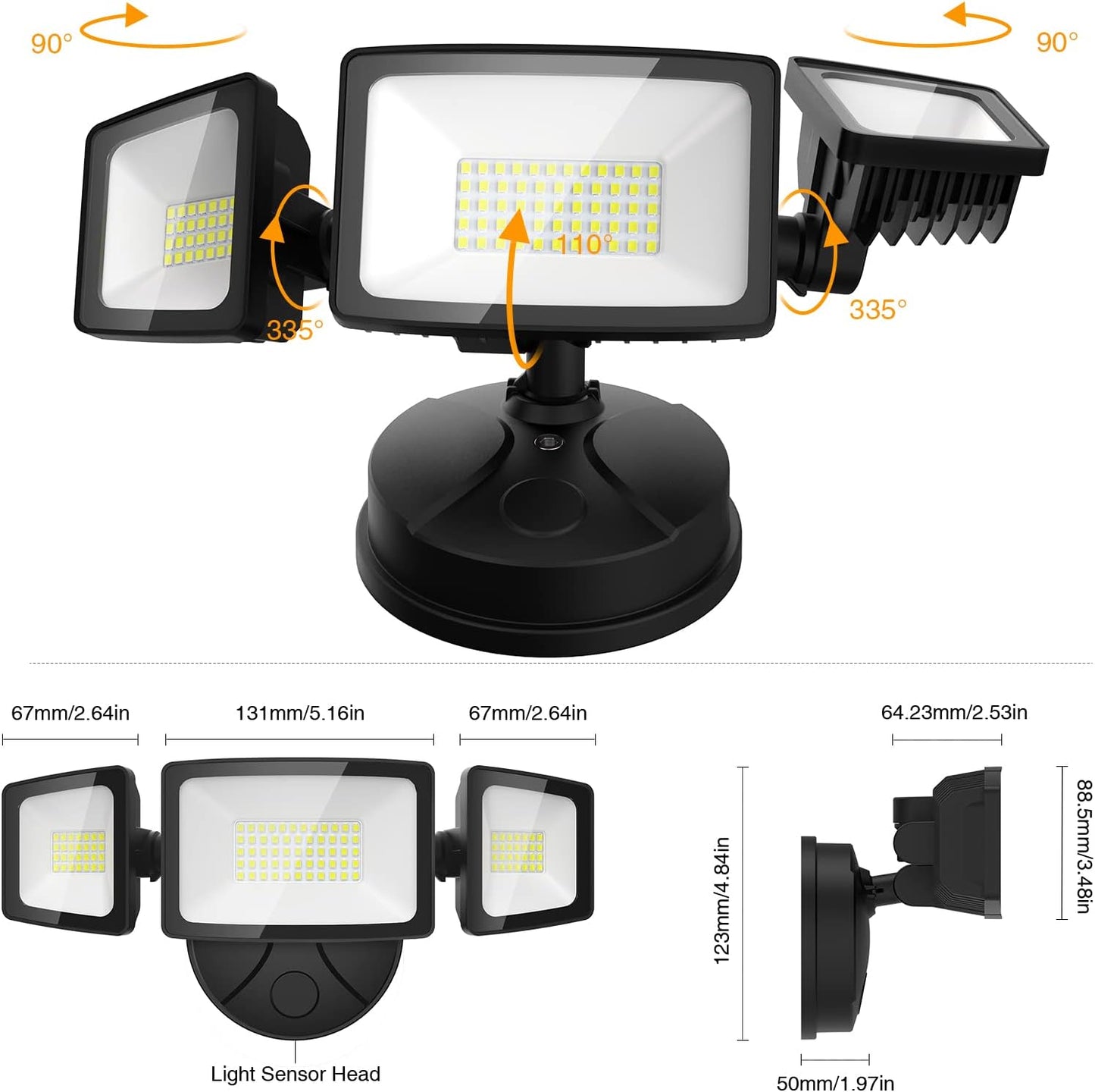 Onforu 60W Flood Lights Outdoor, 4 Packs 6000LM Super Bright Security Lights, 3 Adjustable Heads, IP65 Waterproof, 6500K Wall Mount Exterior LED