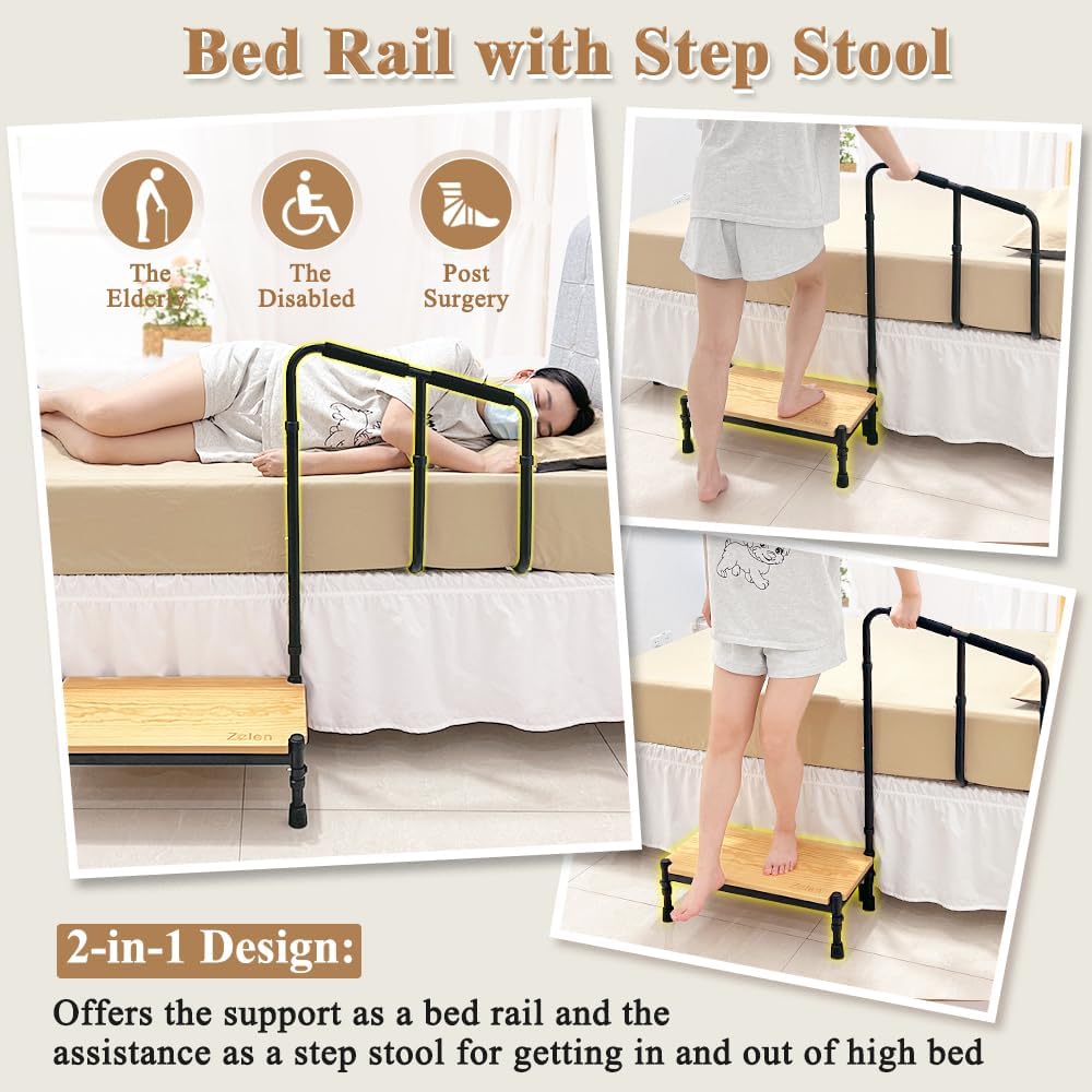 Zelen Medical Step Stool Bed Rails for Elderly Bed Steps for High Beds Adults Bedside Step Stool with Handle Bed Stools Assist Bar for Seniors Bed