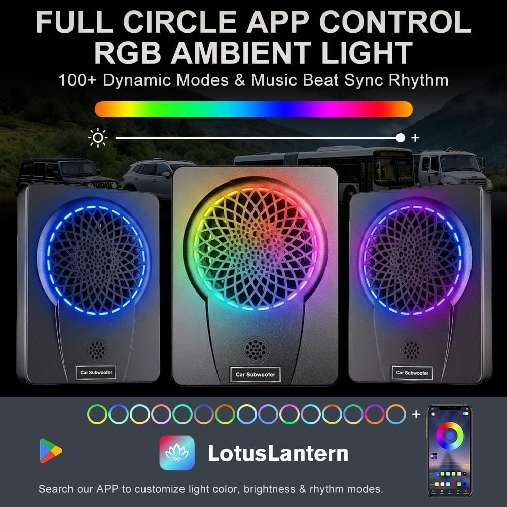 litillbuly 1200W 10'' Car Subwoofer Ultra-Thin Underseat Subs AMP Package | High/Low Level Inputs, Colorful LED Breathing Light Remote Control Enhanced Bass for Truck/SUV/Car/Jeep/MPV