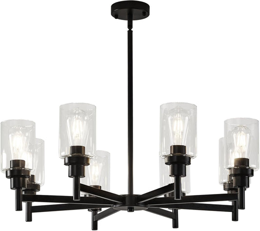 Farmhouse Modern Contemporary Industrial Ceiling Hanging 8-Lights Black Chandelier Pendant Lighting Fixture with Glass Shade