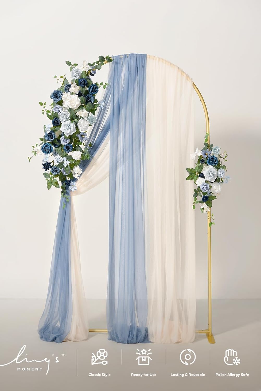 Ling's Moments Wedding Arch w/ Flowers, 7.2ft & 6ft Set of 2 Metal Arches (Dusty Blue, Navy)