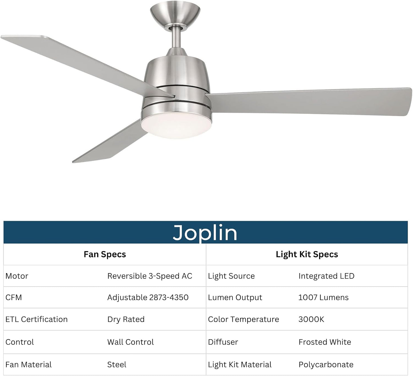 Wind River WR1520N Joplin 52 Inch Indoor Ceiling Fan | 1007 Lumens Integrated LED 3000K | Satin Nickel Finish with Silver Blades | Dual Wall Control | 3 Speed AC Motor | Manual Reverse
