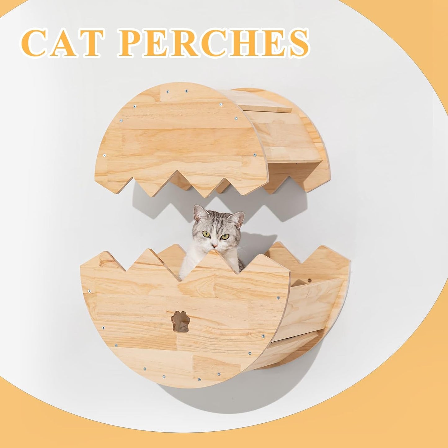 Cat Wall Furniture, Set of 7 with Feeding Stand, 3 Cat Steps and a Resting Bed.