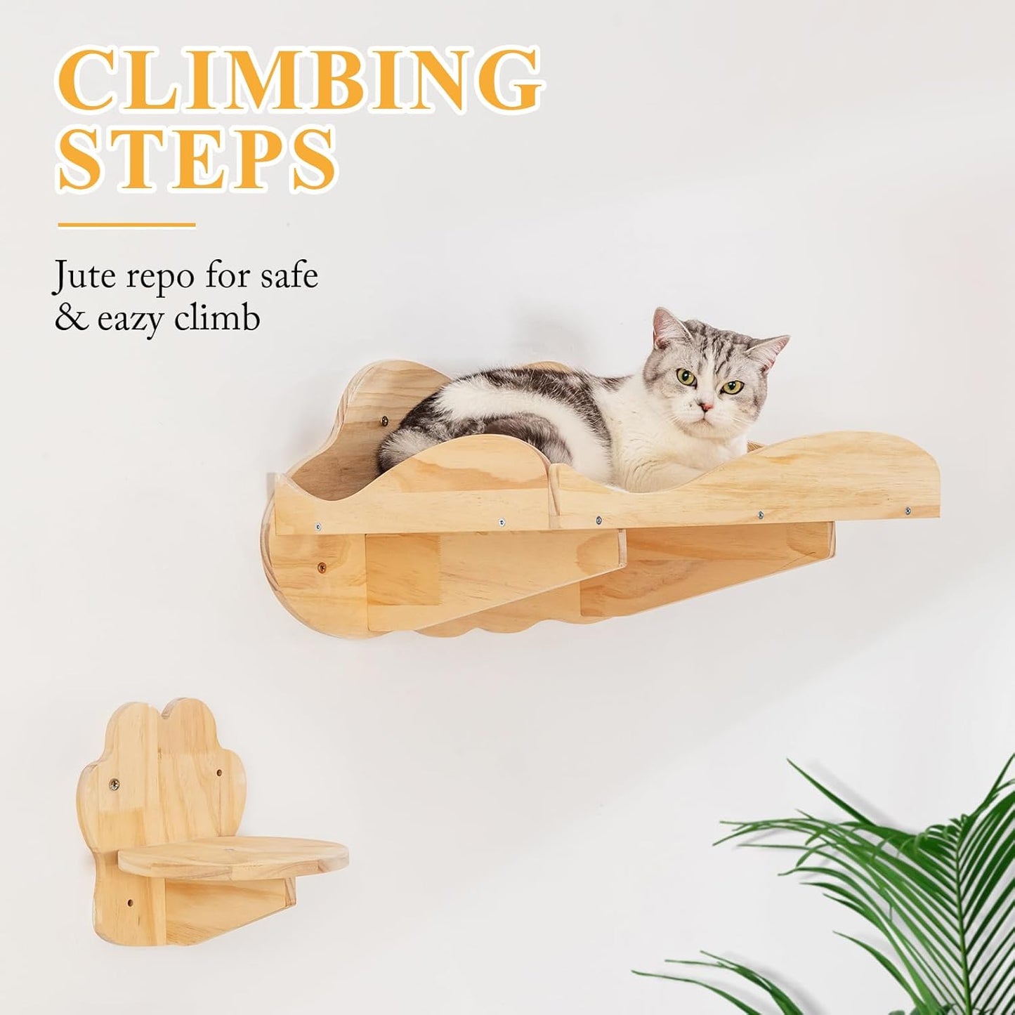 Cat Wall Furniture, Set of 7 with Feeding Stand, 3 Cat Steps and a Resting Bed.