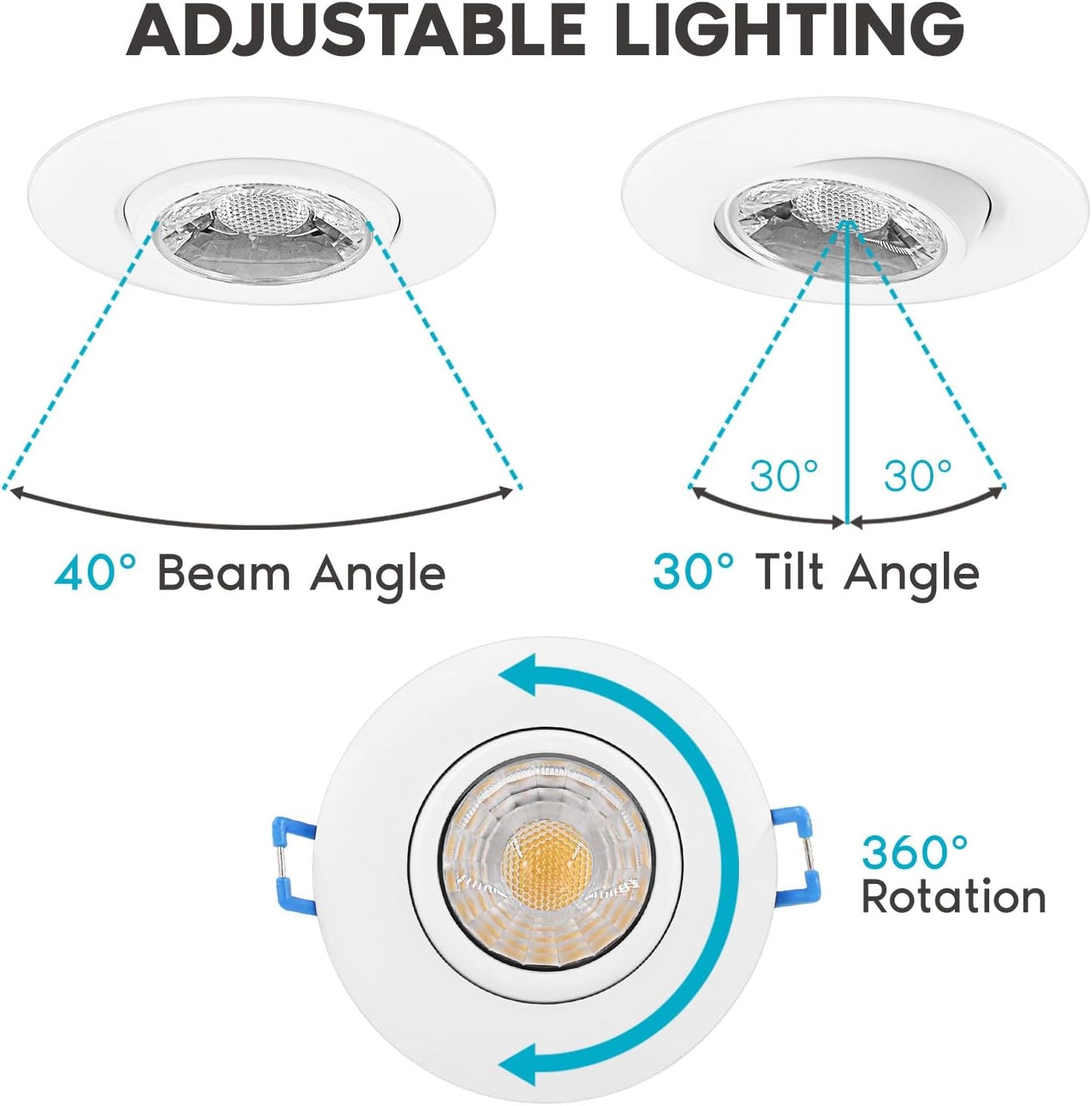 LUXRITE 3 Inch Gimbal LED Recessed Light with Junction Box, 5CCT Color Selectable 2700K-5000K, Dimmable Adjustable Eyeball Swivel Lights, 600 Lumens,