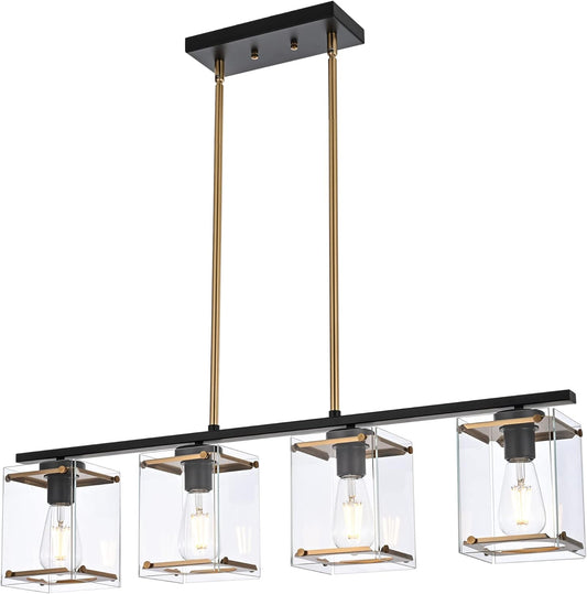 MELUCEE 4-Light Dining Room Chandelier Over Table, Brass Linear Island Light for Kitchen Black Pendant Light Fixtures Ceiling with Rectangular Clear