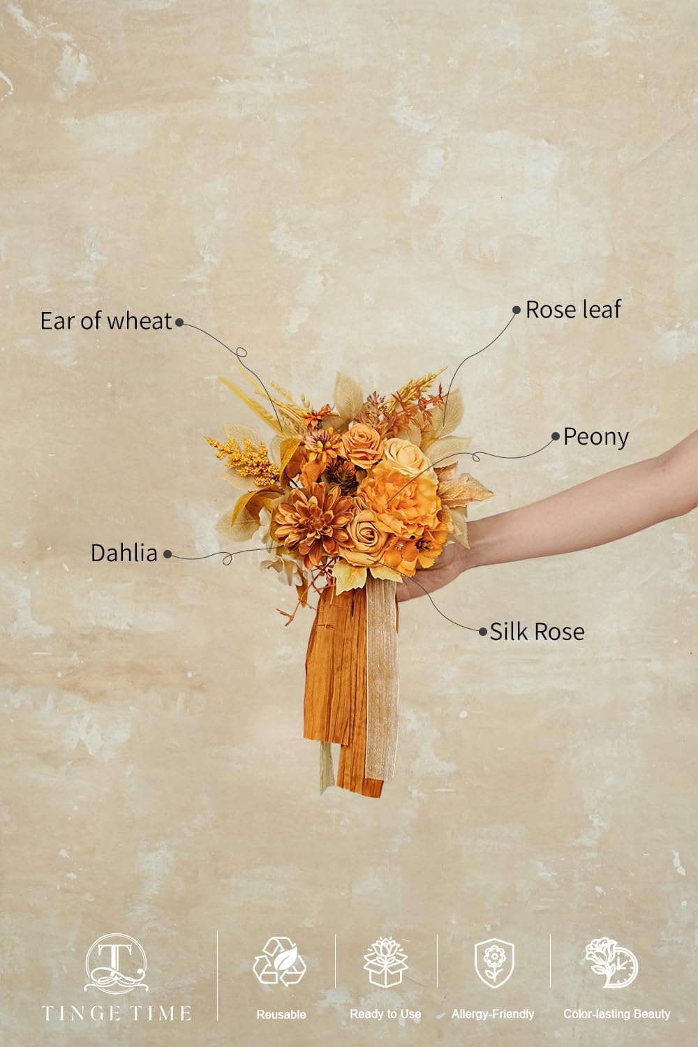 TINGE TIME 7in Wheat Gold Silk Bridesmaid Bouquets Set 4