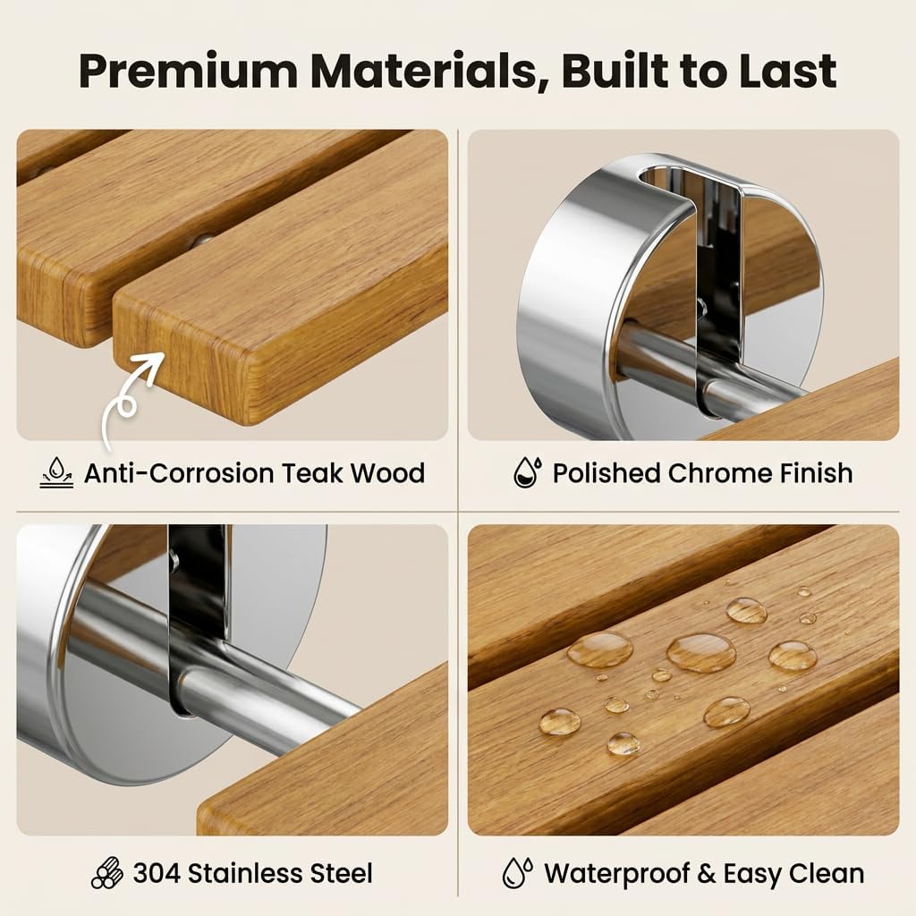 Wall Mount Folding Shower Seat, Teak Wood, 400lb Capacity, Stainless Steel