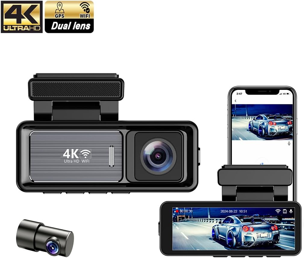 Pentro 4K Dual Dash Cam Front and Rear - UHD 2160P & 1080P Car Camera with WiFi, 64GB SD Card Included, Compact Wide Angle Dashboard Recorder for Cars, Vehicles