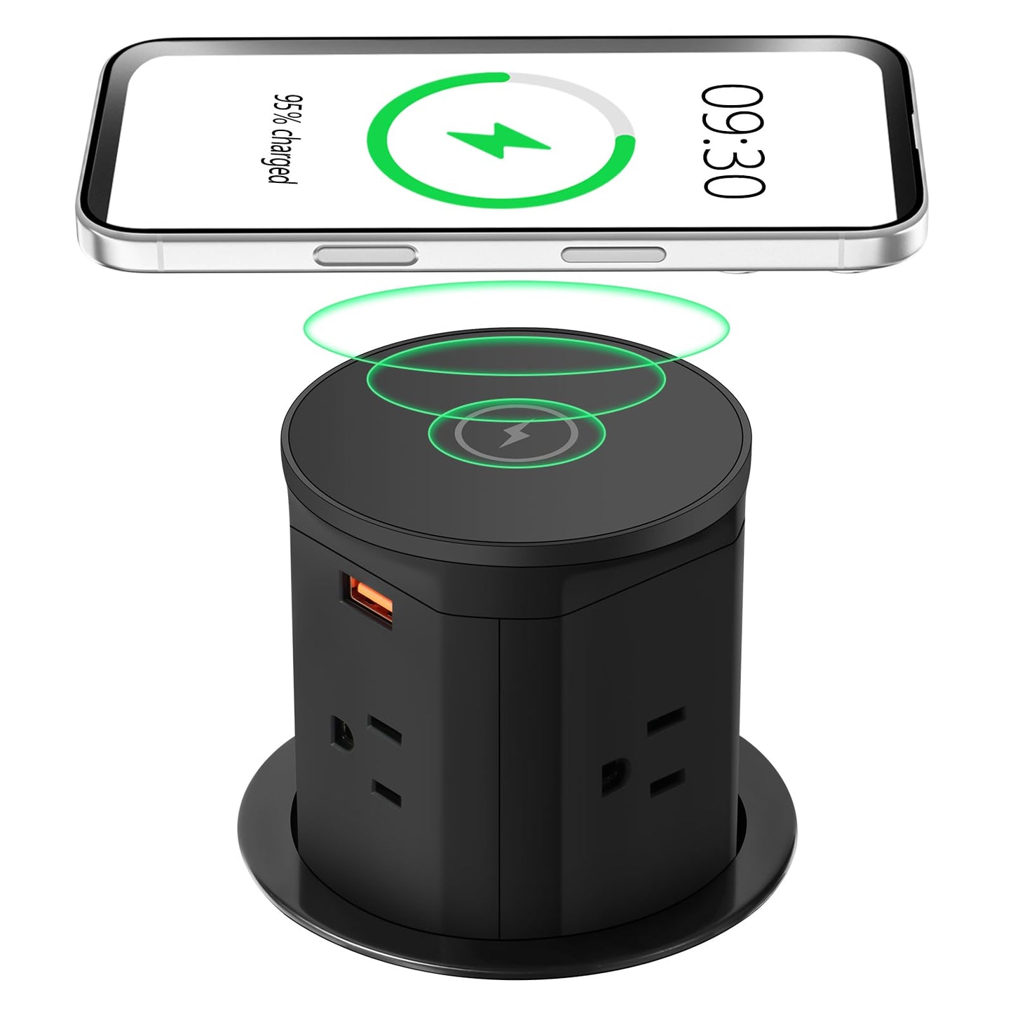 Pop Up Outlet with 15W Wireless Charger, 4 AC Outlets 1875W PD 30W Supercharging 2 USB-C Ports USB-A Ports, 3.35" Hole Desktop Power Grommet for Home Office (Black) 3.35-inch hole-black