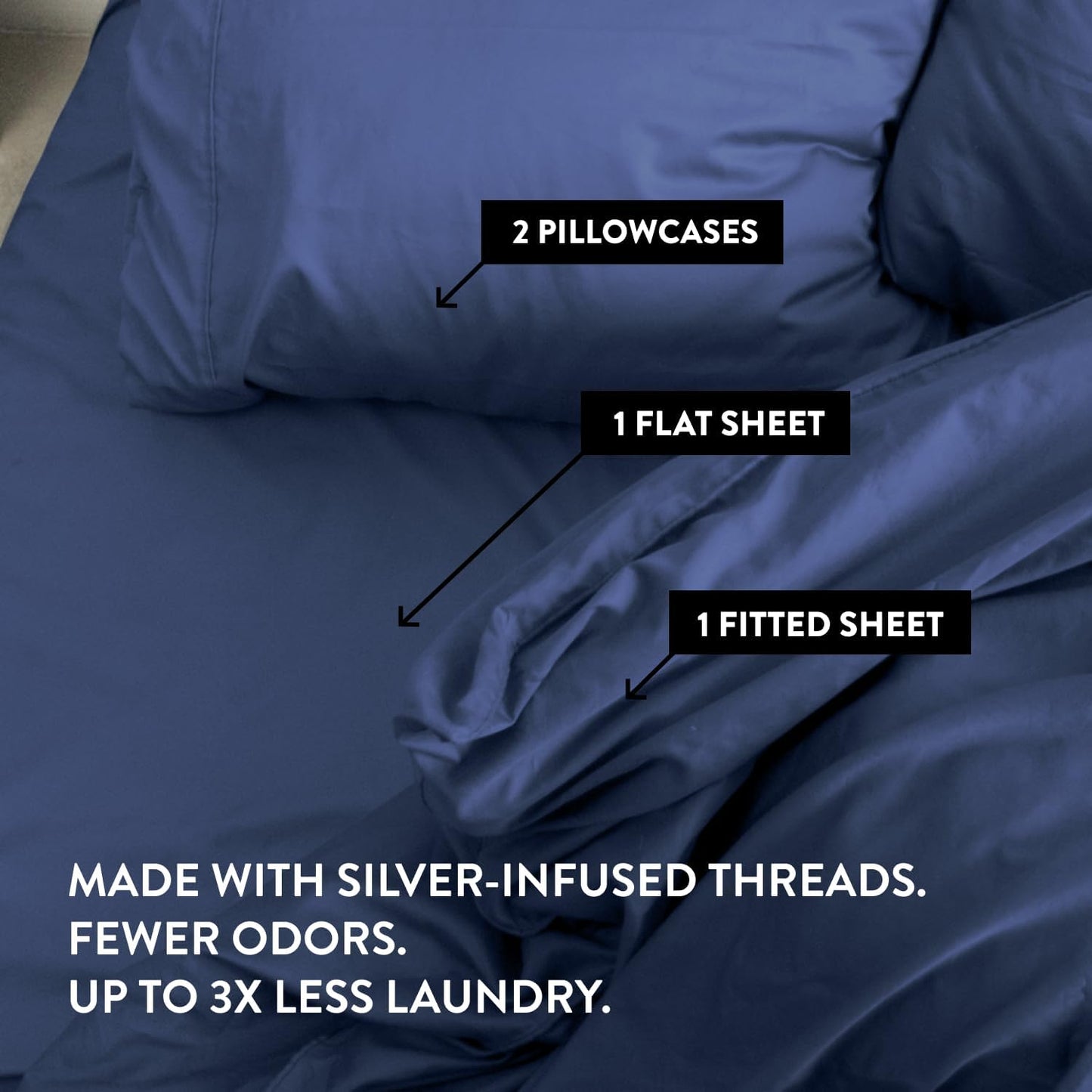 Cooling Bed Sheet - Navy Bed Sheet - King Sheet - 4 Piece Silver Infused Bed Sheet 300 Thread Count Thermoregulating Clean & Cool Fabric for