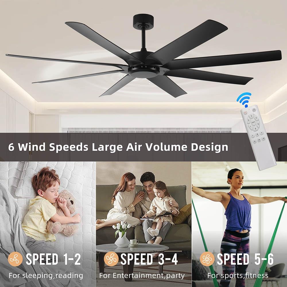 72 inch Large Ceiling Fans No light,Industrial Ceiling Fan with 8 Blades(ABS),Reversible DC Motor,Quiet Ceiling Fans with Remote control,3 Downro