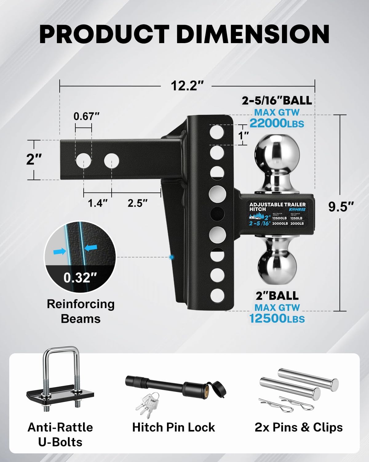 Kohree Adjustable Trailer Hitch for 2-Inch Receiver, 22,000 LBS GTW, 6-Inch Drop/Rise Hitch with 2" & 2-5/16" Balls, Anti-Rattle Tow Hitch, Anti-Theft Pin, Heavy Duty G80 Steel Ball Mount, Black