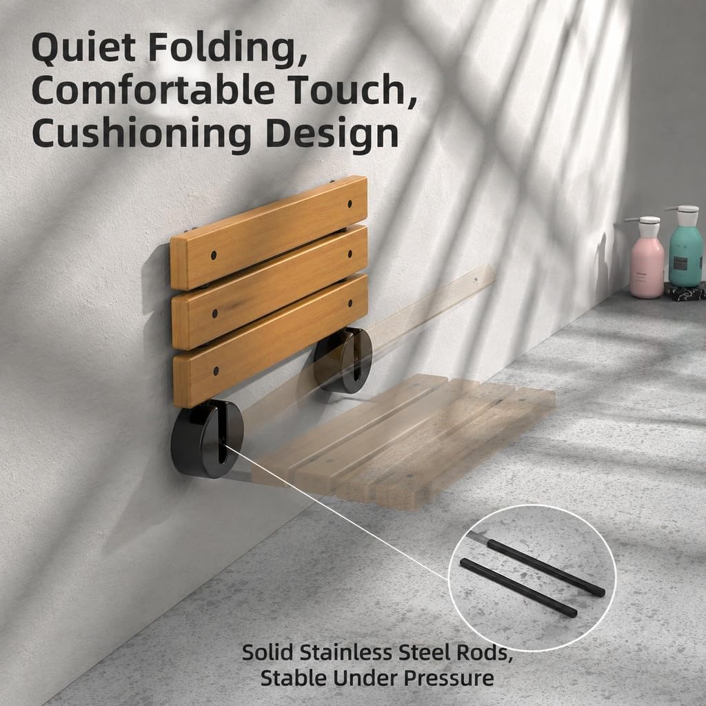 Folding Shower Bench Wall Mounted, Teak, 90° Flip-Up, Space Saving, 400lb