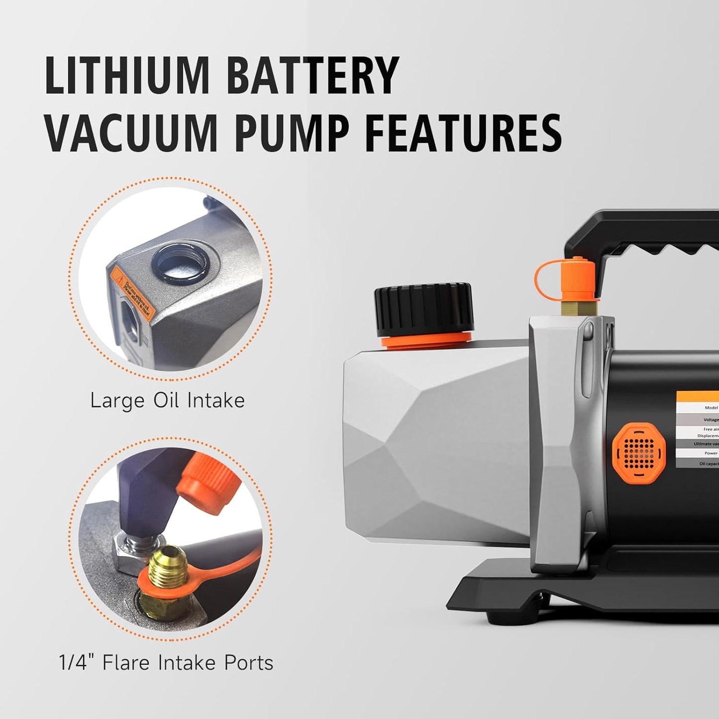 Single-Stage Vacuum Pump 3CFM 20V Lithium Battery DC Inverter 60 microns 1/4HP for Air Conditioner Refrigerant HVAC