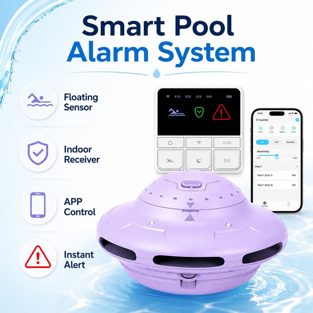 Smart Pool Alarm App Connectivity | Real-Time Phone Alerts & Adjustable Sensitivity (Purple)