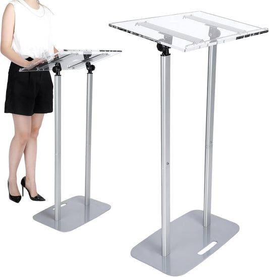 Kigley Acrylic Podium Stand Clear Podium Lectern 43.3&#39;&#39; Tall Floor Standing Speaking Podium with Adjustable Angle 30-90 Slanted Top Silver