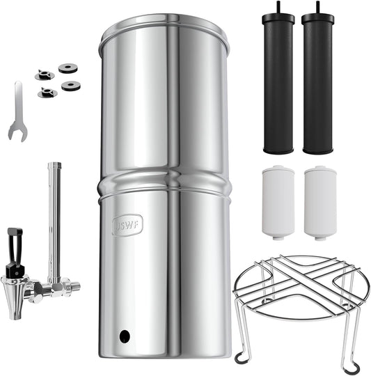 USWF Gravity Fed Water Filter - 2.25 Gal. Stainless Steel w/ 2 Carbon Filters, 2 Fluoride Filters, Portable Countertop Filtration System, Metal Sight