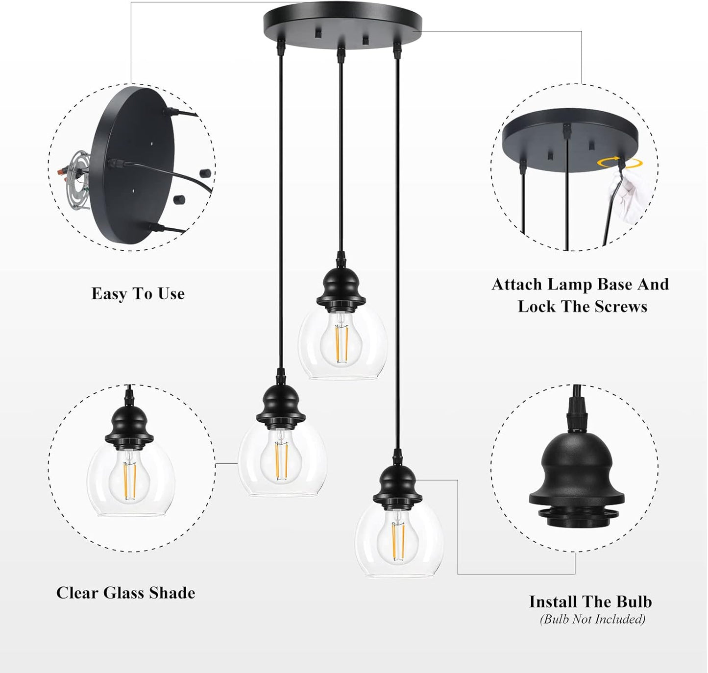 Modern 3-Light Pendant Light Fixtures, Industrial Hanging Ceiling Lamp With Clear Glass Shade, vintage Black Pendant lighting for Kitchen Island