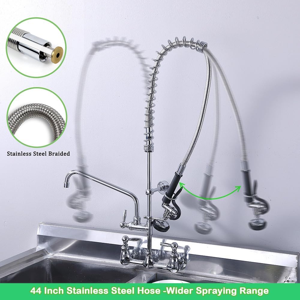 43' Height Commercial Faucet with Sprayer, 8 Inch Center, Wall Mount Kitchen Sink Faucet for 3 Compartment Sink, Restaurant Commercial Sink Faucet