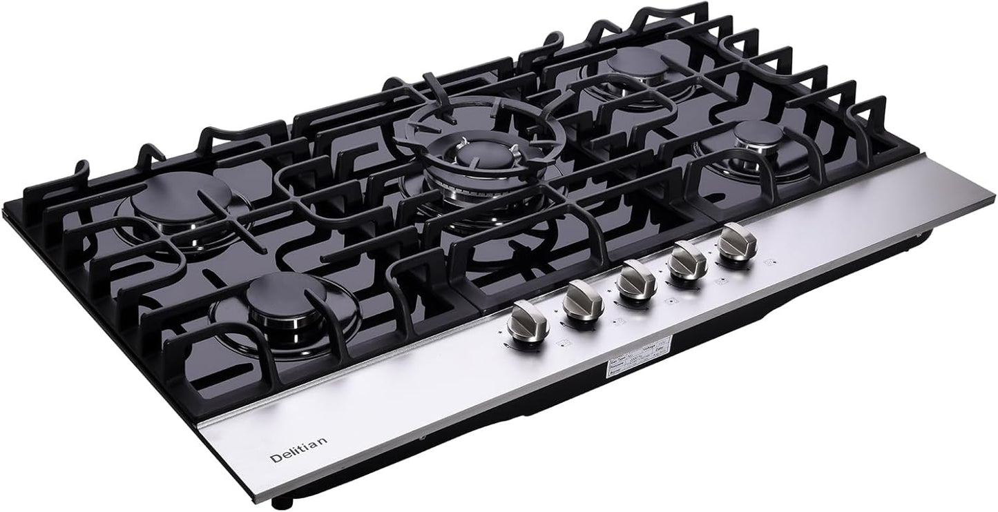 36 Inch Gas Cooktop DT5189A Tempered Glass Built-in Gas Stovetop, 5 High Efficiency Burners LPG/NG Convertible Gas Stove Top Dual Fuel Gas Hob