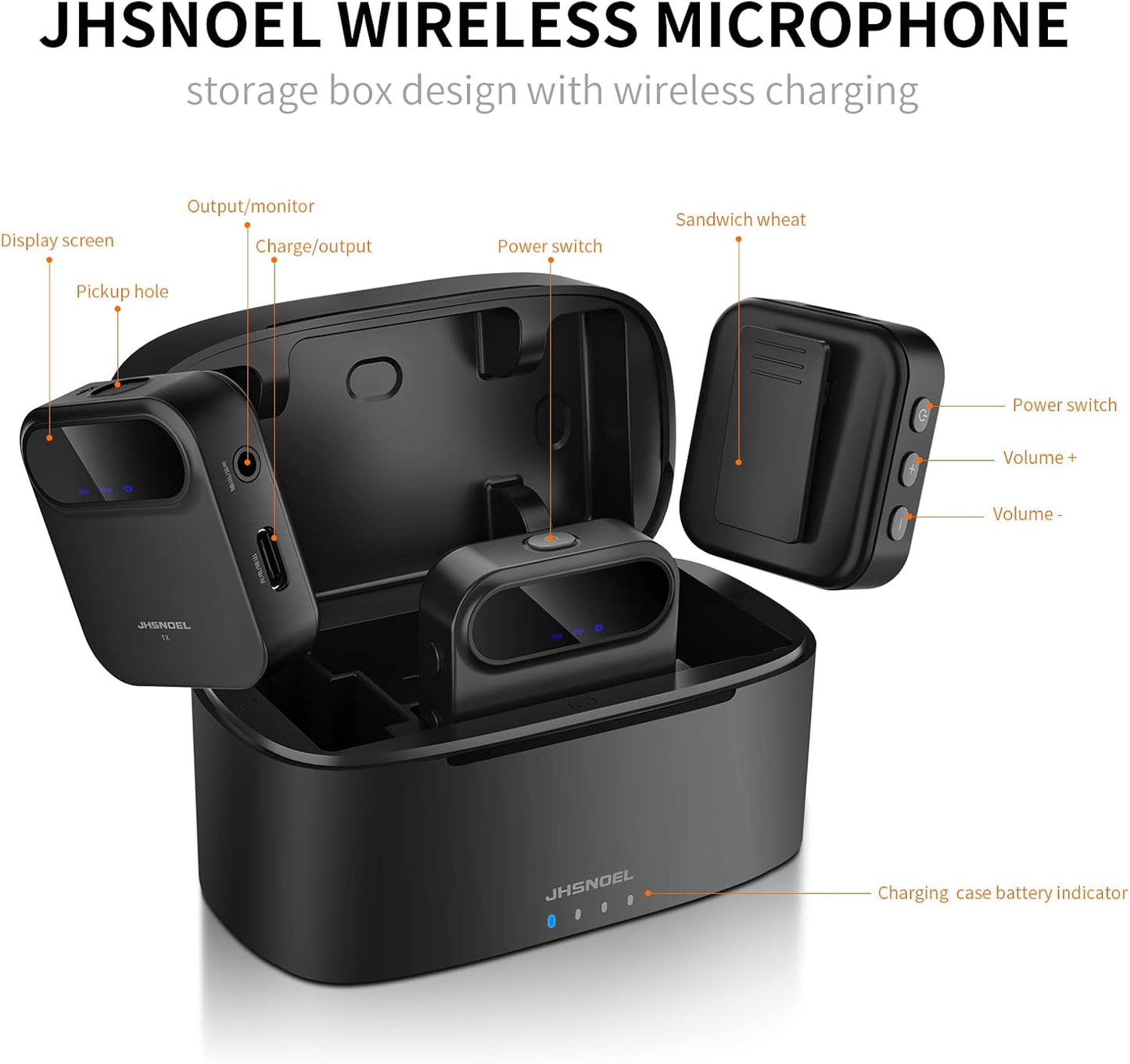 JHSNOEL Mic(2 TX+1 RX+Charging Case),Wireless Lavalier Microphone,20Hr Battery,Strong Noise Cancellation,Lapel Wireless Microphone for DSLR