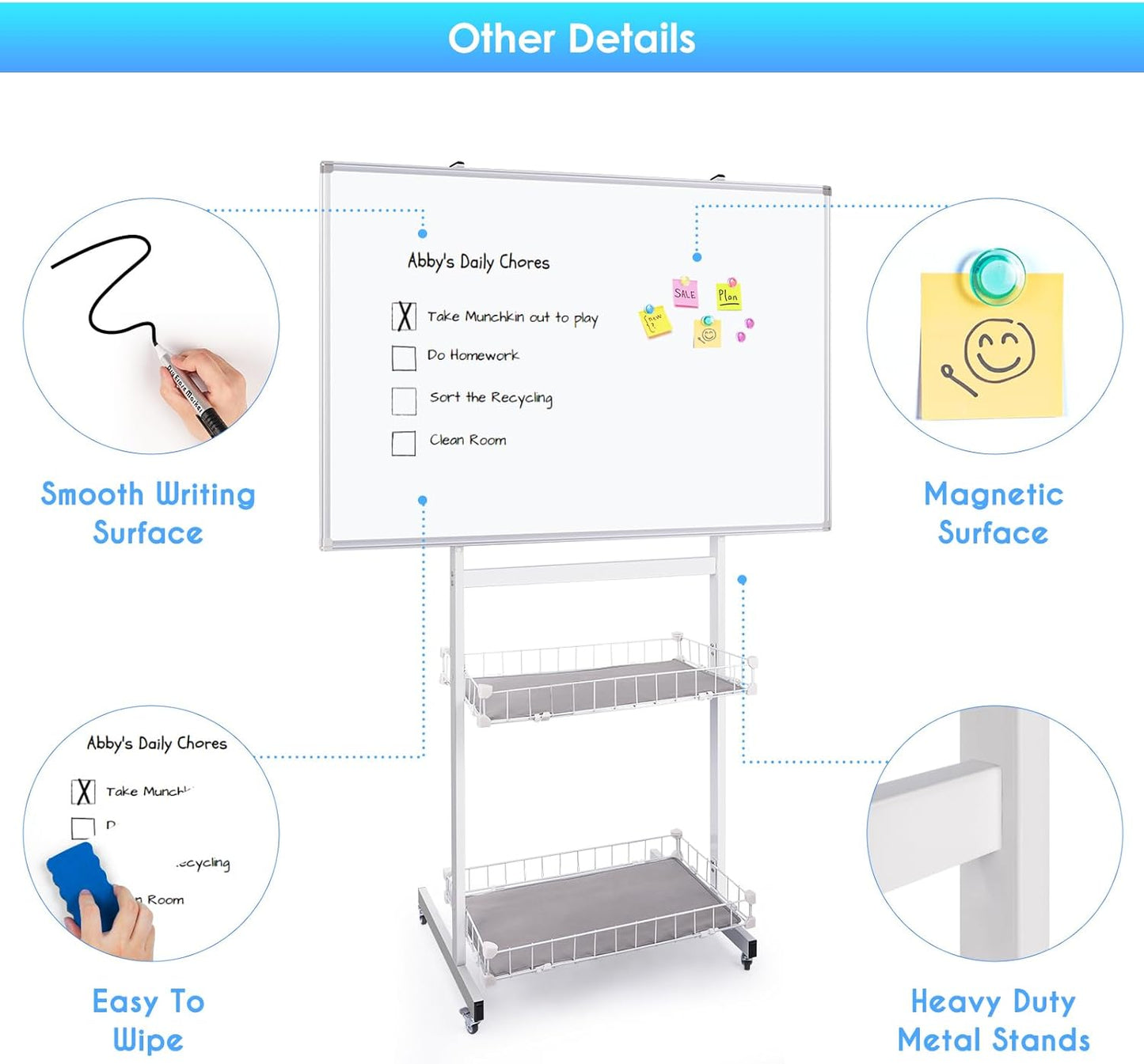 maxtek Rolling Whiteboard, 48x32 Large Magnetic White Board with Stands, Big White Board Dry Erase on Wheels with Baskets for Classroom, Office,