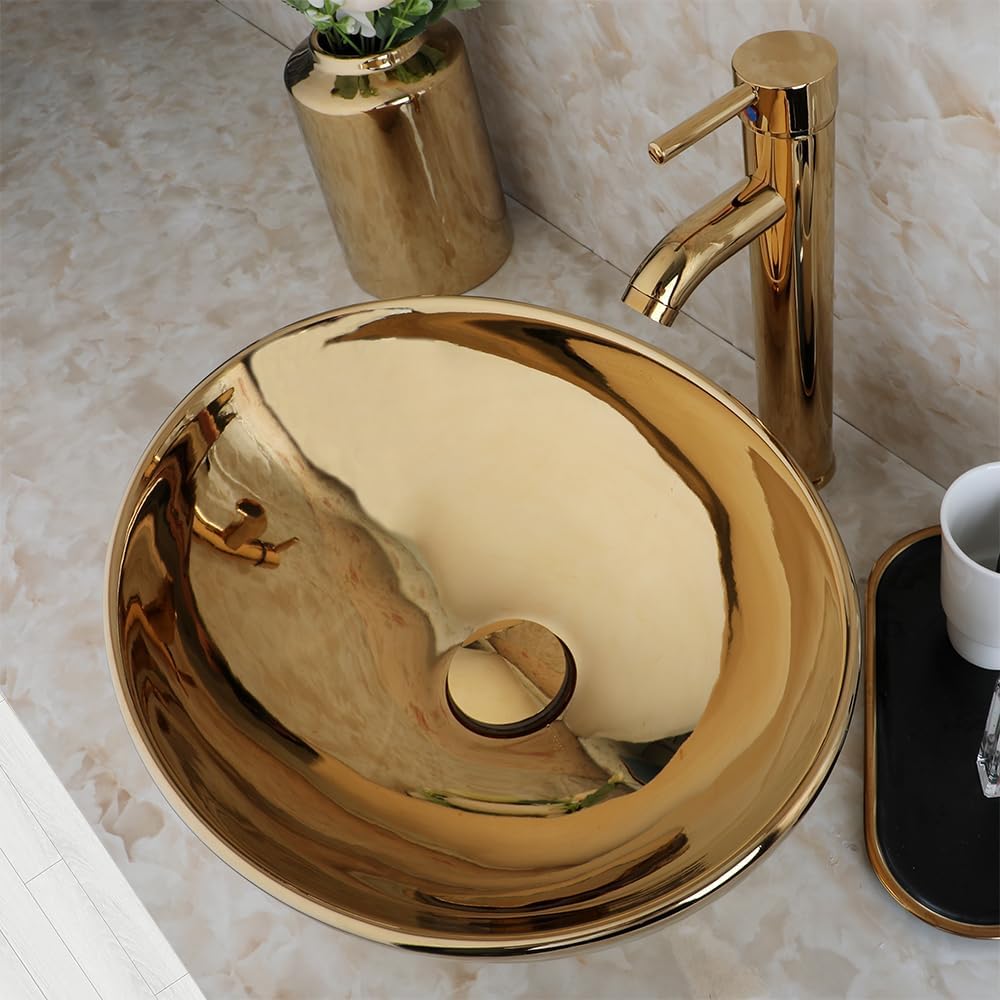 Washly Bathroom Vessel Sink 16 Inch Gold Ceramic Sink Bowl With Gold Faucet and Pop-Up Drain Combo,Oval Bathroom Sink Above Counter Art Sink Washing