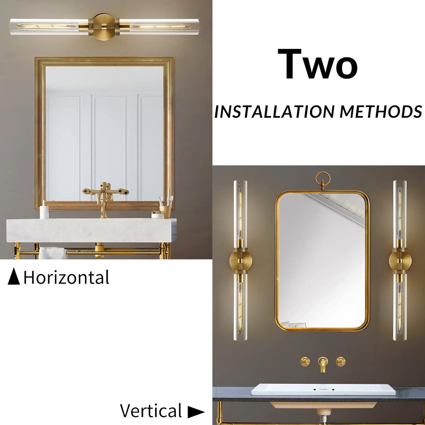 Double Lights Brass Wall Sconces, 30' Knurled Grand Linear Sconce Staircase Gold Sconces Wall Lighting Glass Bathroom Wall Sconces, Vanity Lighting