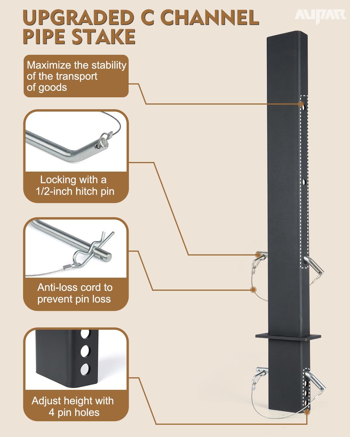 30" Adjustable C Channel Pipe Stake with Anti-Loss Cord, Heavy-Duty Steel Trailer Stake with 4 Adjustable Holes for Flatbed Trailer Hauler, 4 Pack