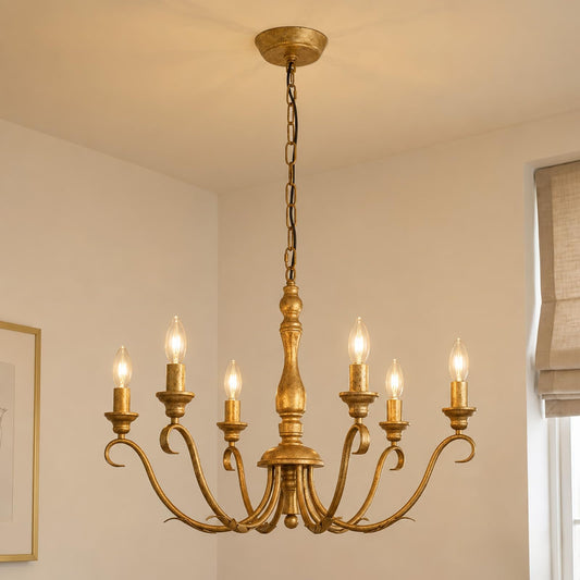 Farmhouse Vintage Antique Brass Chandelier - 6 Light Cottage Rustic Candle Chandeliers - Adjustable Chain Distressed Gold Pendant Lighting Fixture for Dining Room Living Room Kitchen Bedroom Entryway