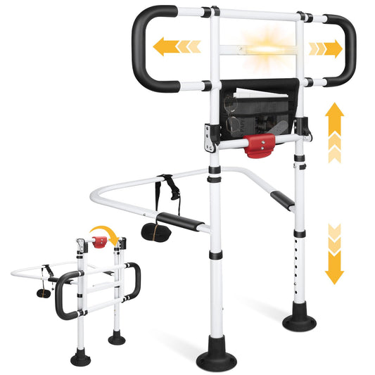 Folding Bed Rail for Elderly Adults with Motion Sensor Light, Adjustable Safety Assist Handle with Secure Straps, Heavy-Duty Bedside Support, Fits Bed Frames 13.58–19.88 in