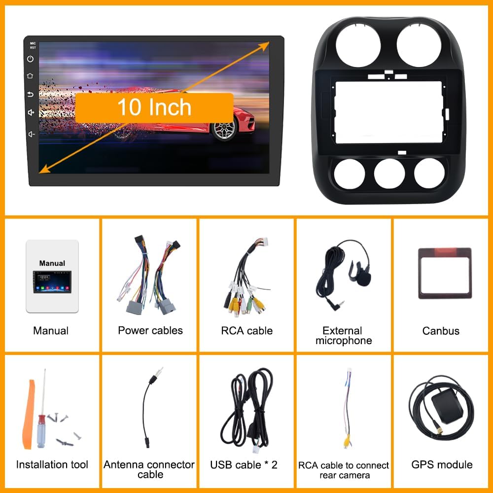 4G+64G 10 inch Touch Screen CarPlay & Android Auto Car Radio Stereo for Jeep Compass Patriot 2010-2016