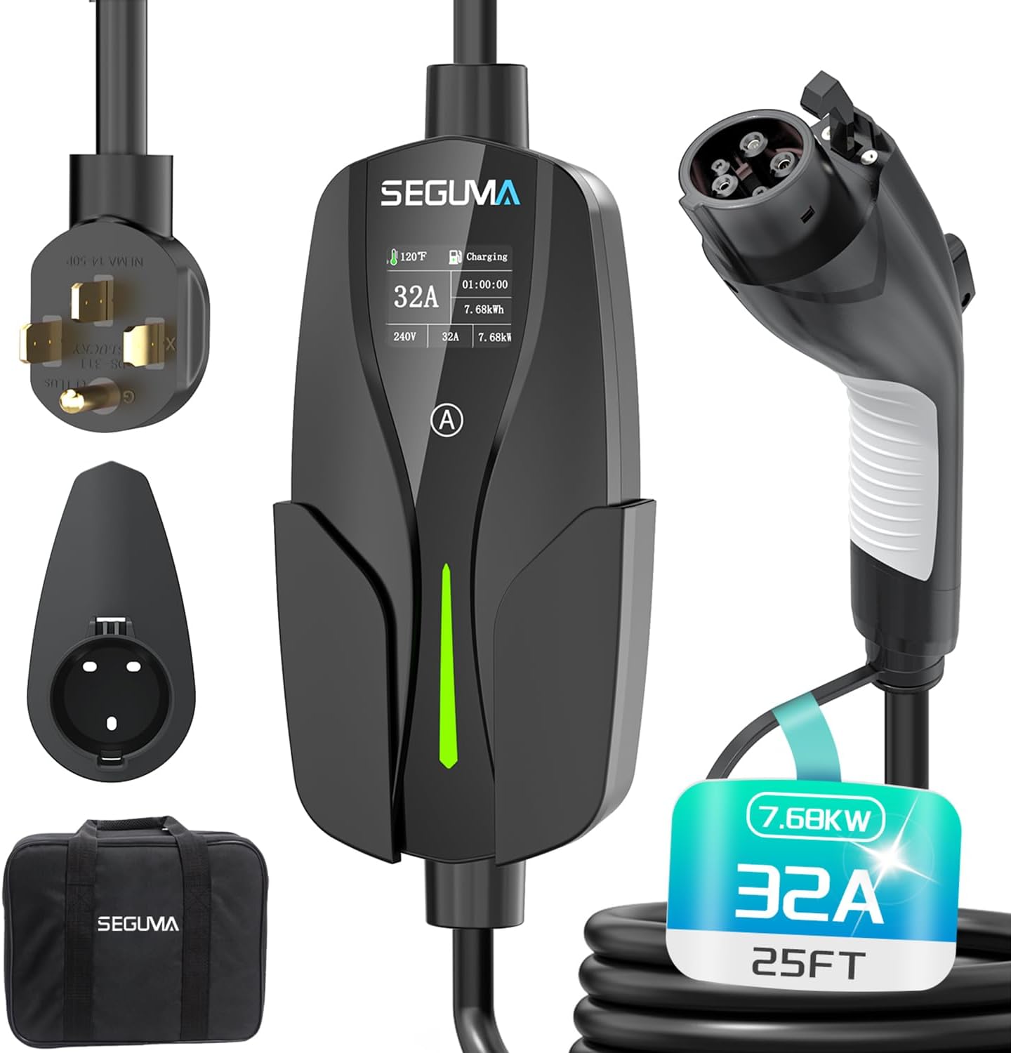 Level 2 EV Charger 32A 240V with NEMA 14-50 Plug, 7.68kW Portable Electric Vehicle Charger with SAE J1772 Connector and 25ft Cable, Adjustable