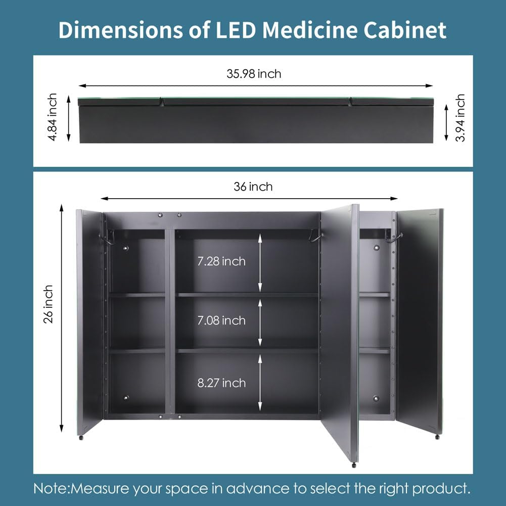 36 inch X 26 inch LED Lighted Bathroom Medicine Cabinet with Mirror, Surface Mount