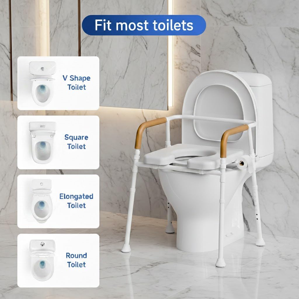 3-in-1 Bedside Commode Chair for Seniors, 400 lbs Heavy Duty Iron Commode Toilet with Padded Seat & Arms, Portable Toilet for Seniors & Adults, Height Adjustable, Bucket, Splash Guard