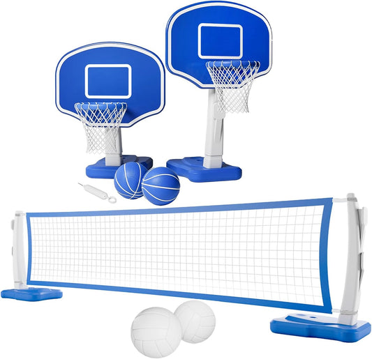 Pool Volleyball & Basketball Set  Adjustable Pool Basketball Hoop and Volleyball Net with Ball & Pump