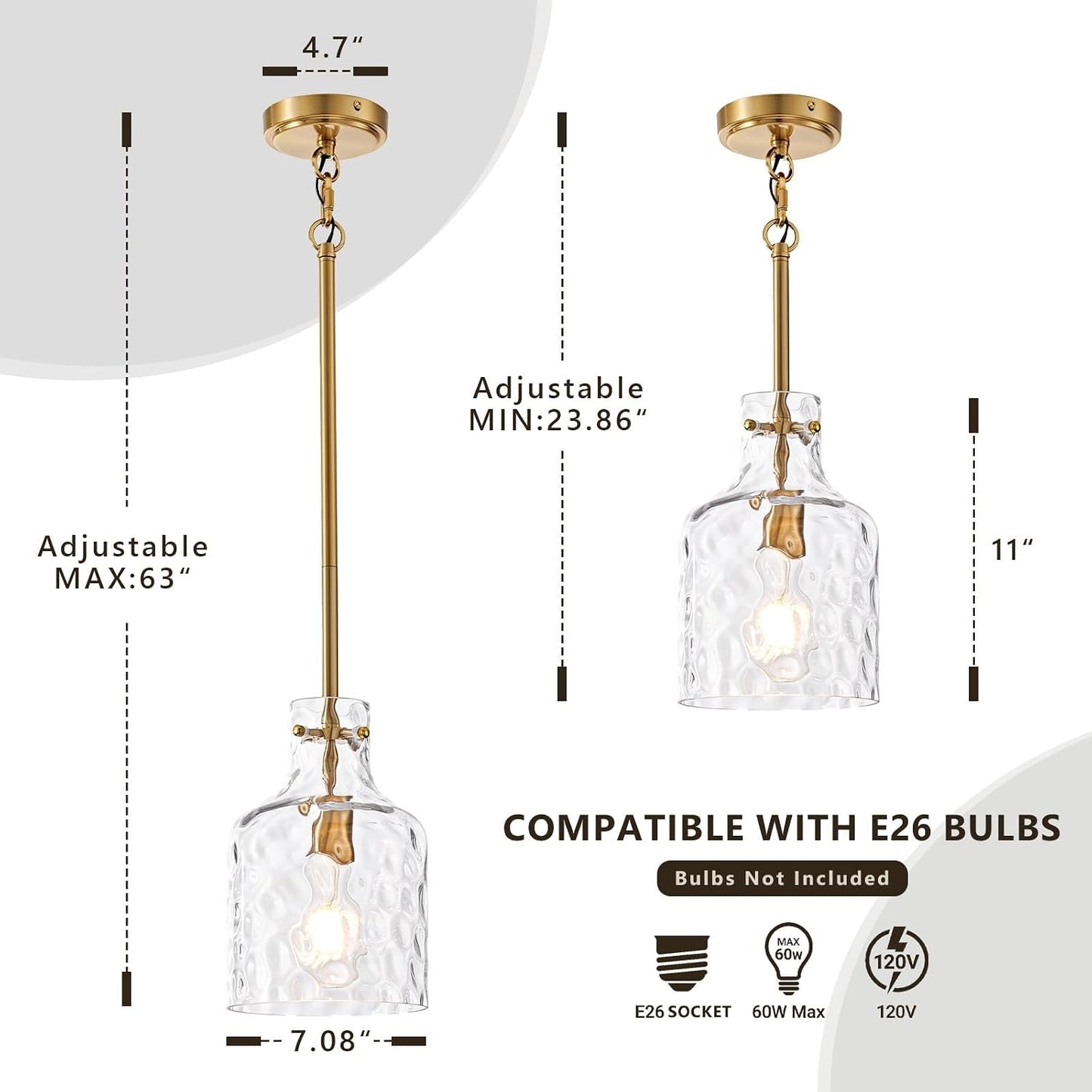 Pendant Light Fixture for Kitchen Island, Brushed Gold, 1 Pack | 7-inch Clear Hammered Glass Shade, Sturdy Metal Rod, Adjustable Height, E26 Socket, Ceiling Mount, Hardwired, 120V